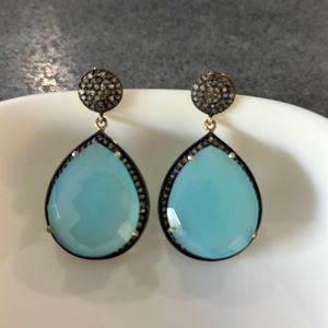 Champagne diamonds with blue Topaz black rhodium dipped in 18k gold earrings